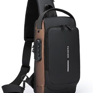 Waterproof Brown PU Leather Anti-theft Crossbody Sling Bag with USB Port for Men